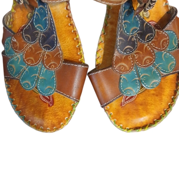 Elite Navajo Painted Leather Sandaks Bohemian Mosaic Open-Toe Mules Size 8 - Picture 3 of 11